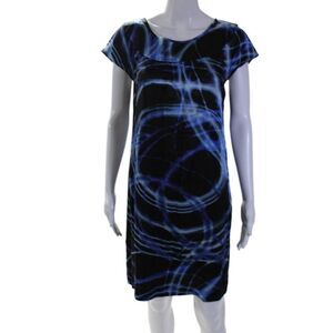 Christiane Celle Womens Silk Blue Black Printed Cap Sleeve A-Line Dress Size S
